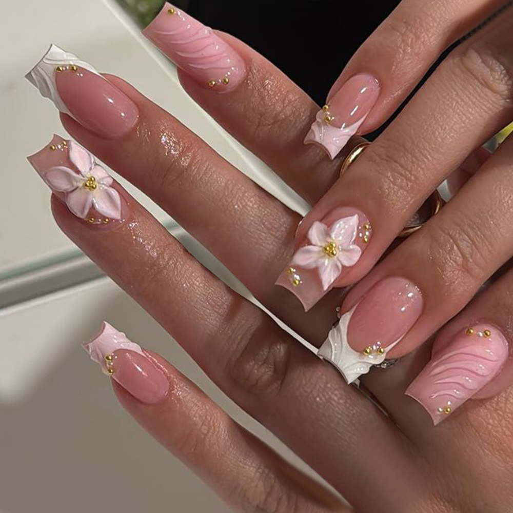 Nail Art Design - 24 Stück pro Schachtel. Rechteckige 3D-Gel-Blumen-Nägel